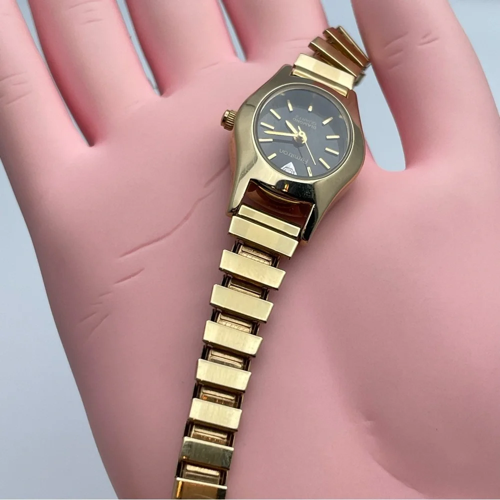 Armitron Diamond Quartz Gold Tone Stretch Watch Black Dial New Battery